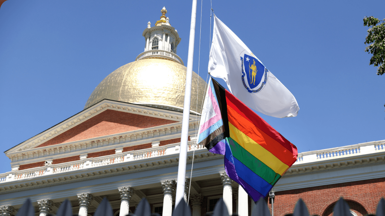 An LGBTQ+ Pride flag flies outside the Massachusetts State House on June 3, 2026.