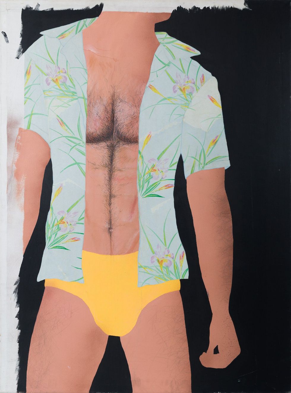 An untitled artwork of a man in an unbuttoned floral shirt and yellow underwear by Teddy Sandoval from 1980