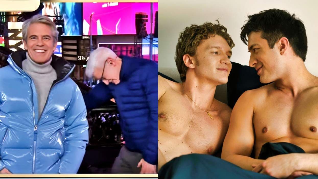Andy Cohen and Anderson Cooper during the 2026 telecast of New Year's Eve Live on CNN; Connor Storrie as Ilya Rozanov and Hudson Williams as Shane Hollander on Heated Rivalry