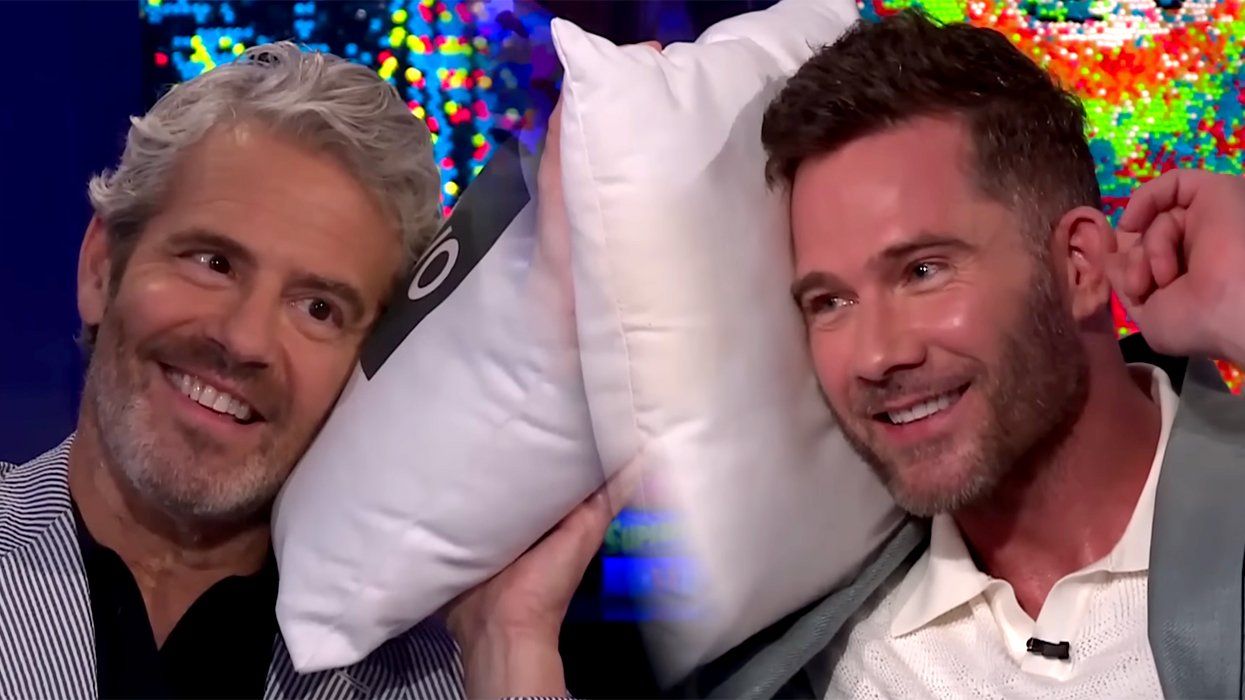 Andy Cohen Bravo show WWHL Luke MacFarlane touching ears talking about Russell Tovey
