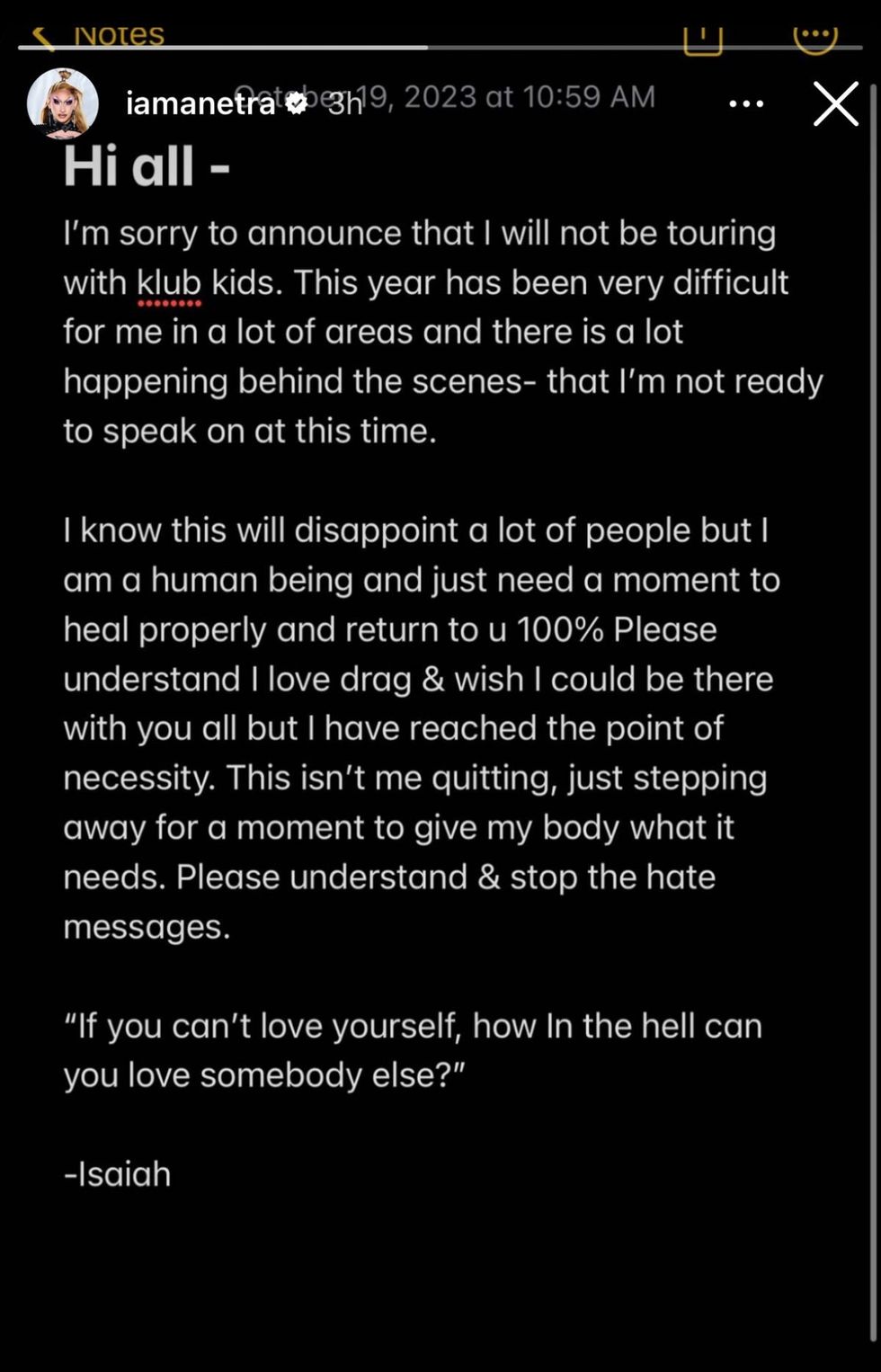 Anetra via Instagram story