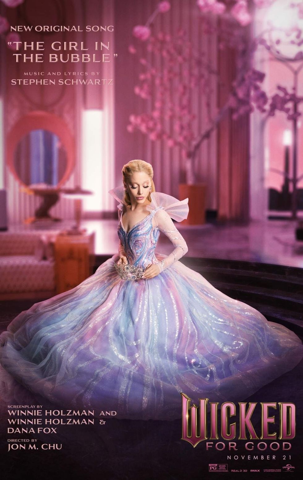 Ariana Grande as Glinda in the single artwork for The Girl in the Bubble, a new song from Wicked For Good