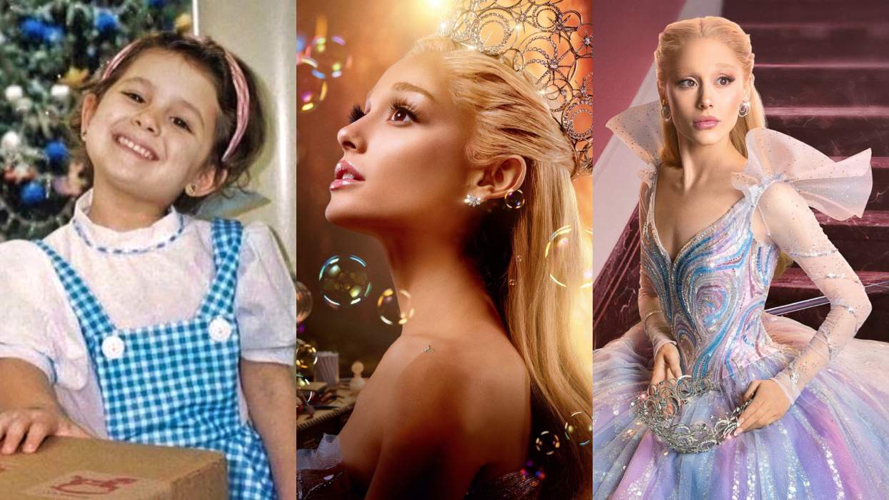 Ariana Grande dressed as Dorothy Gale from The Wizard of Oz film; Ariana Grande in the Wicked movie; Ariana Grande as Glinda in Wicked For Good