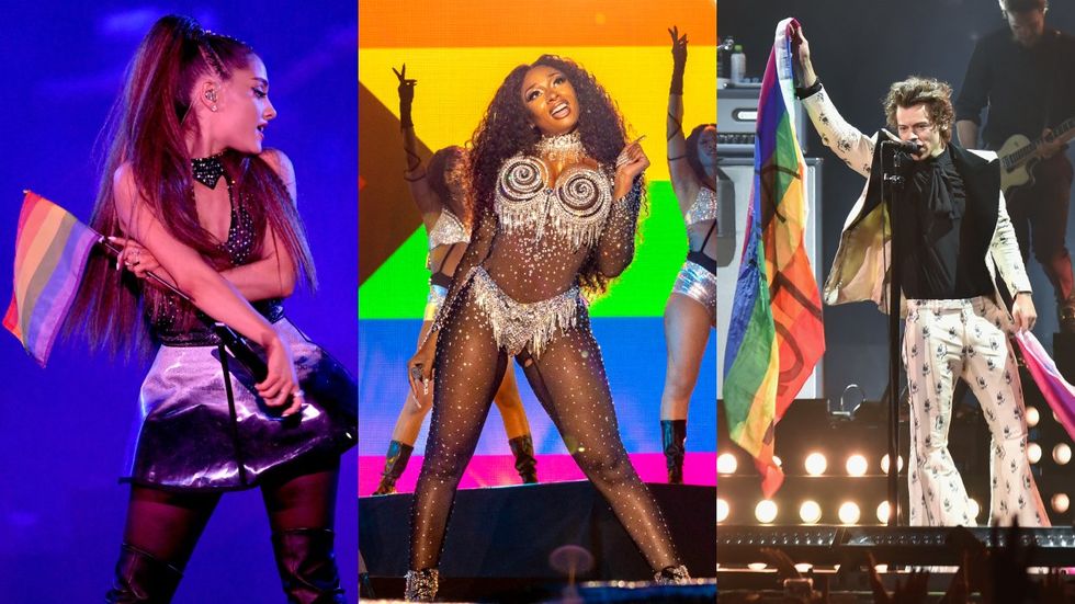 Ariana Grande, Megan Thee Stallion, Harry Styles waving LGBTQ+ Pride flags on stage