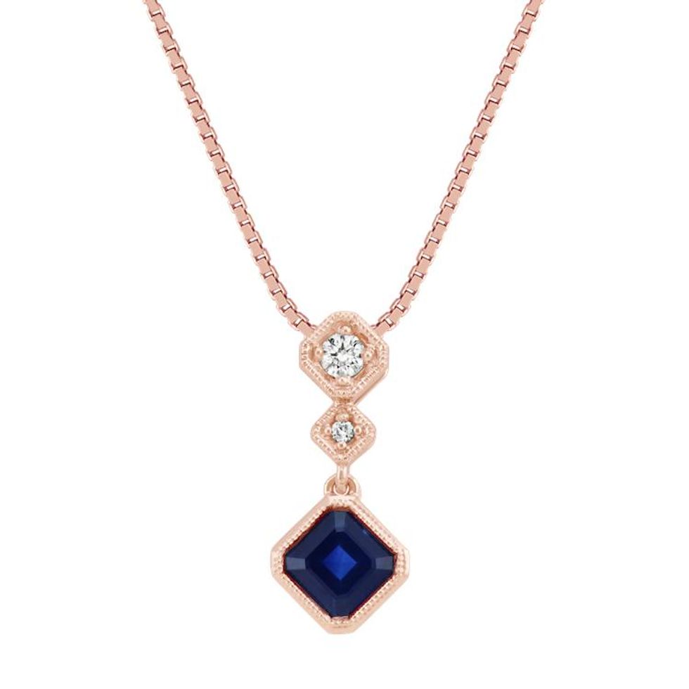 Asscher Cut Traditional Sapphire and Diamond Three-Stone Pendant