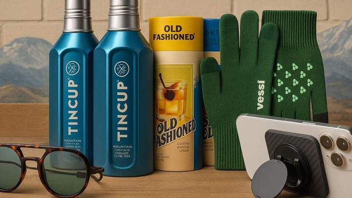 Assorted items: TINCUP cans, Old Fashioned mix, green gloves, sunglasses, and a smartphone.