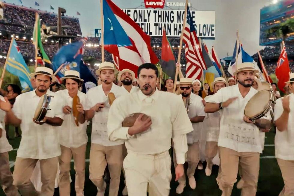 Bad Bunny performing on the 2026 Super Bowl Halftime Show