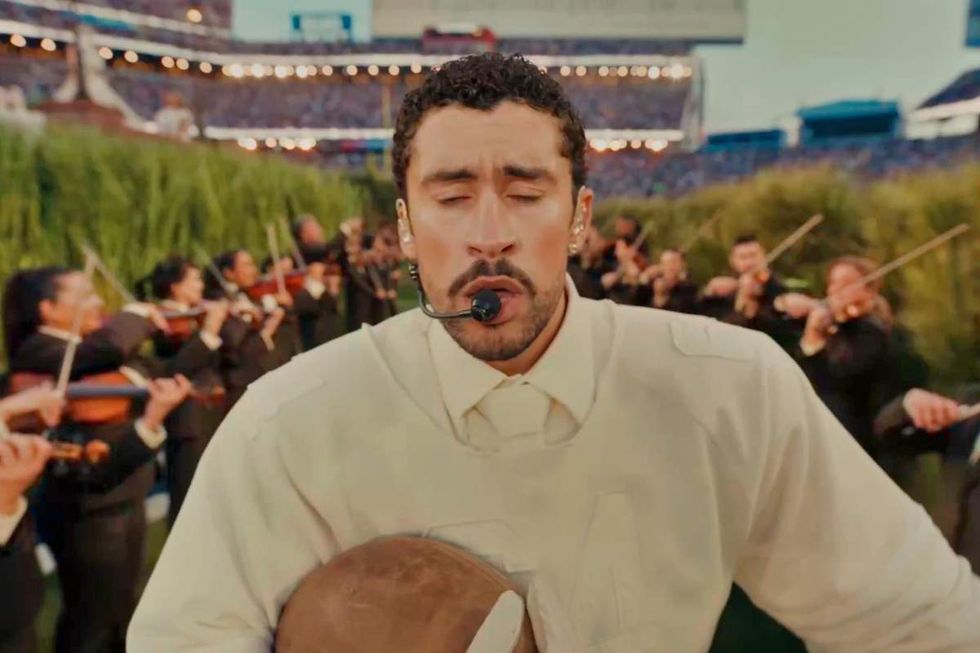 Bad Bunny performing on the 2026 Super Bowl Halftime Show