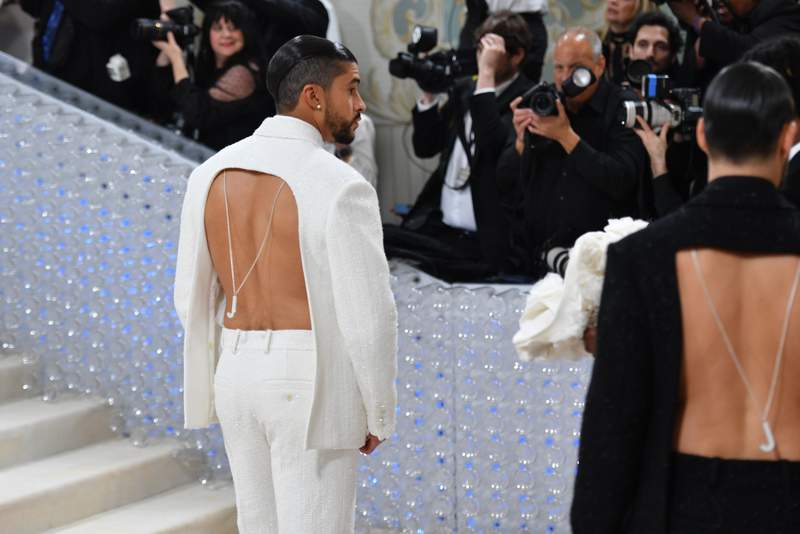 sachin and babi light blue dress Bad Bunny Wore a Backless Jacquemus Suit at the 2023 Met Gala main image 0