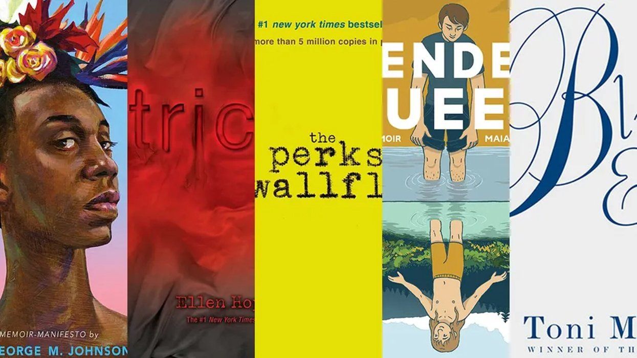 banned book covers tight crops All Boys Arent Blue by George M Johnson Tricks by Ellen Hopkins The Perks of Being a Wallflower by Stephen Chbosky Gender queer by Maia Kobabe The Bluest Eye by Toni Morrison