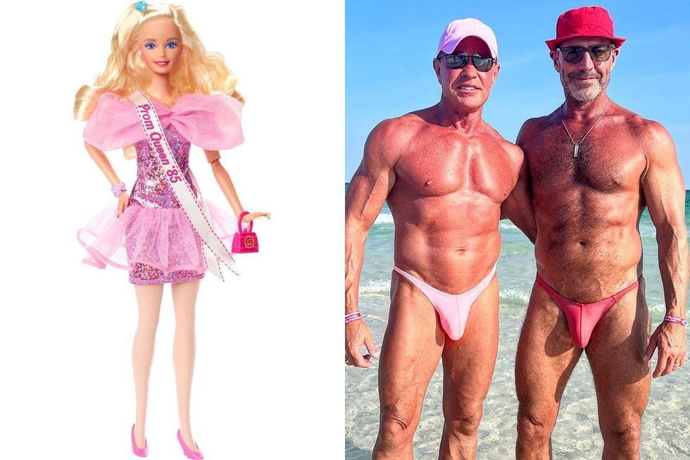 Barbie Doll next to Men in Pink Speedos