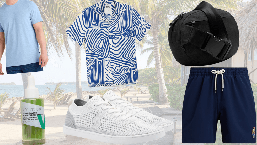 Beach getaway essentials including a blue patterned short-sleeve shirt, navy swim trunks, white sneakers, black crossbody bag, and skincare serum set against a tropical backdrop.