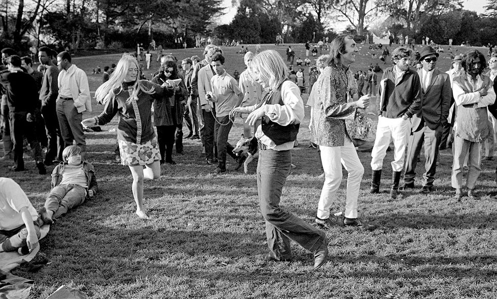 bellbottoms inventor Peggy Caserta \u200bOriginal Caption 1968 Several hundred hippies gathered at Hippie Hill in Golden Gate Park for a happening at which several bands played rock n roll music