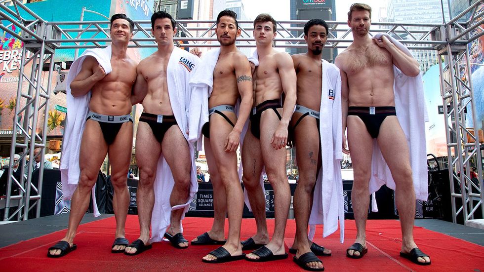 BIKE Athletic inventor of the jockstrap celebrates 150th anniversary on International Jockstrap Day with Broadway Bares Dancers in Times Square NYC