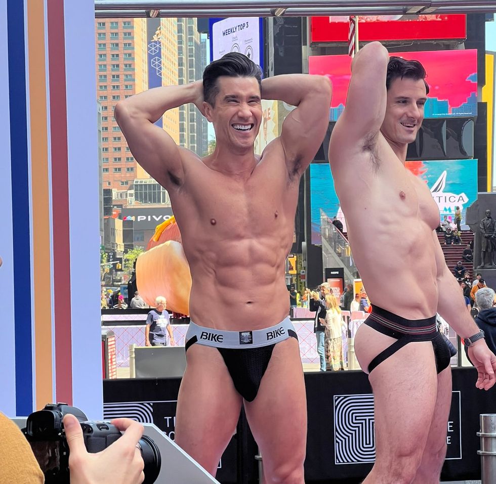 BIKE Athletic inventor of the jockstrap celebrates 150th anniversary on International Jockstrap Day with Broadway Bares Dancers in Times Square NYC
