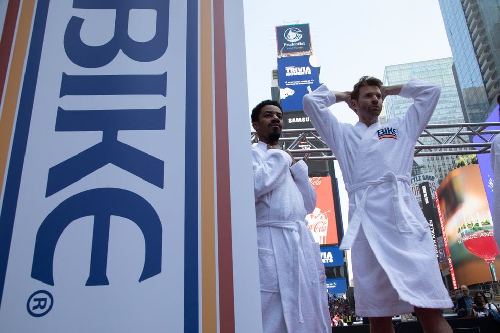 BIKE Athletic inventor of the jockstrap celebrates 150th anniversary on International Jockstrap Day with Broadway Bares Dancers in Times Square NYC