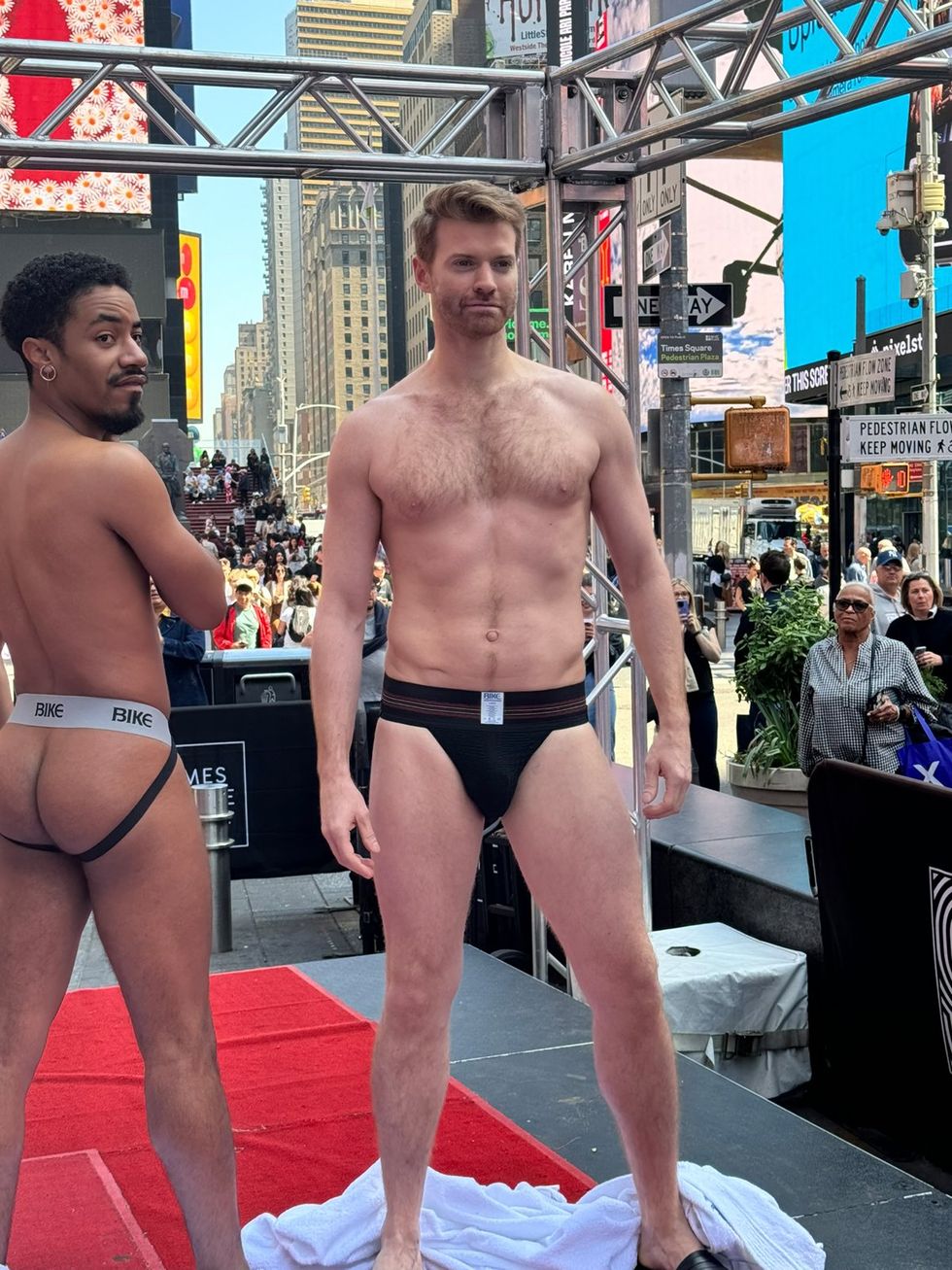 BIKE Athletic inventor of the jockstrap celebrates 150th anniversary on International Jockstrap Day with Broadway Bares Dancers in Times Square NYC