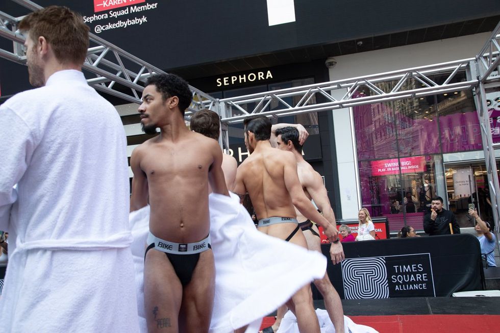 BIKE Athletic inventor of the jockstrap celebrates 150th anniversary on International Jockstrap Day with Broadway Bares Dancers in Times Square NYC
