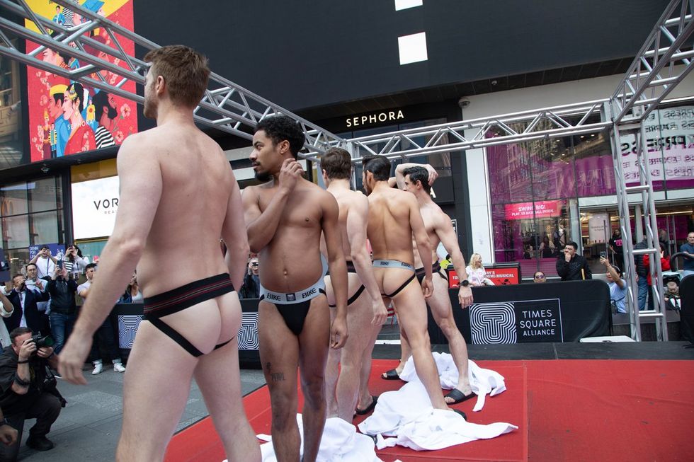 BIKE Athletic inventor of the jockstrap celebrates 150th anniversary on International Jockstrap Day with Broadway Bares Dancers in Times Square NYC