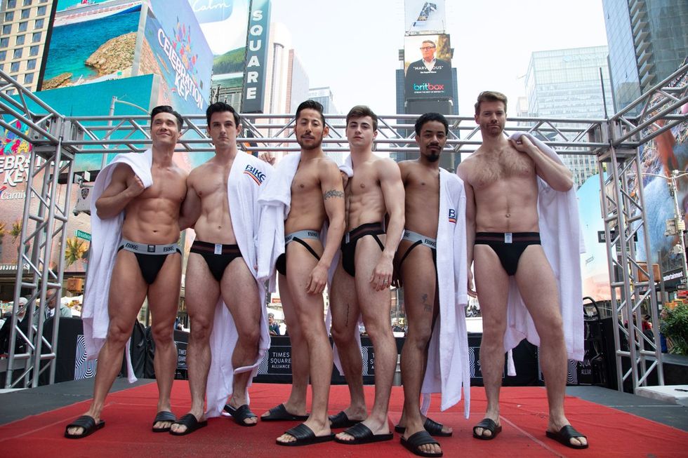 BIKE Athletic inventor of the jockstrap celebrates 150th anniversary on International Jockstrap Day with Broadway Bares Dancers in Times Square NYC
