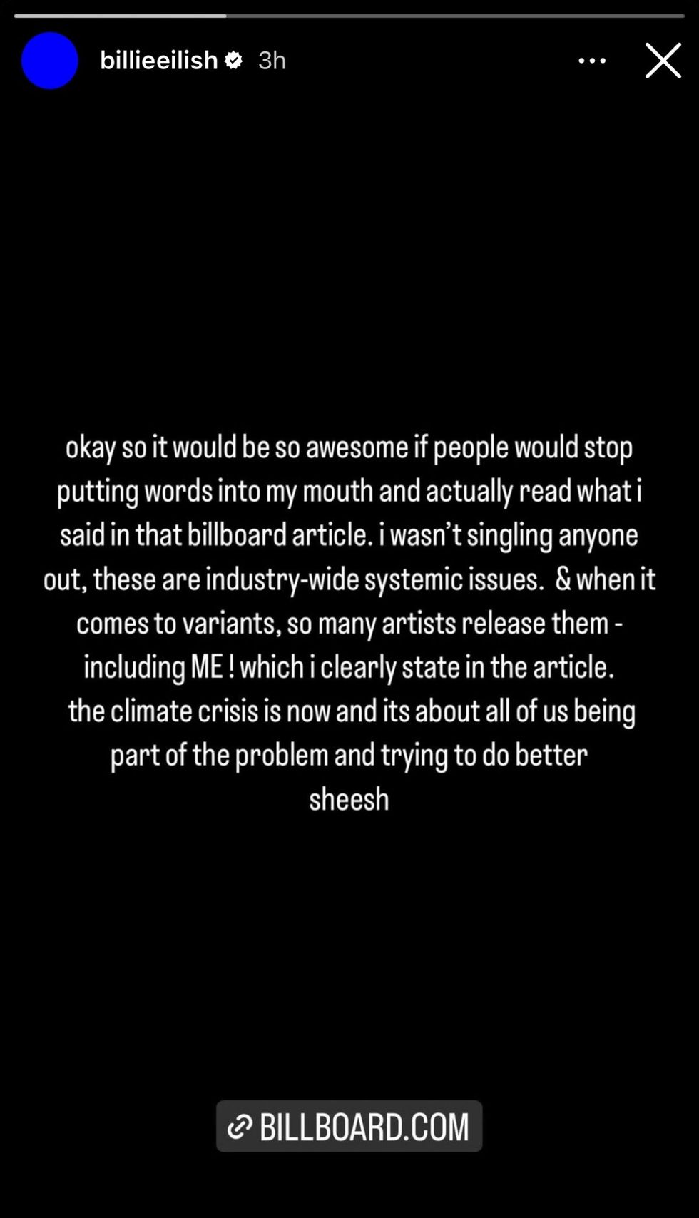 Billie Eilish via Instagram story