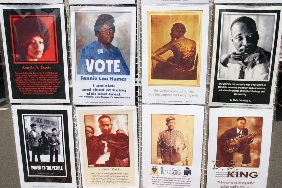 Black History posters in Kelly Ingram Park for the Juneteenth Celebration in June 2008 include posters for Angela Davis, Martin Luther King Jr, the Black Panthers, BB King, and Fannie Lou Hamer