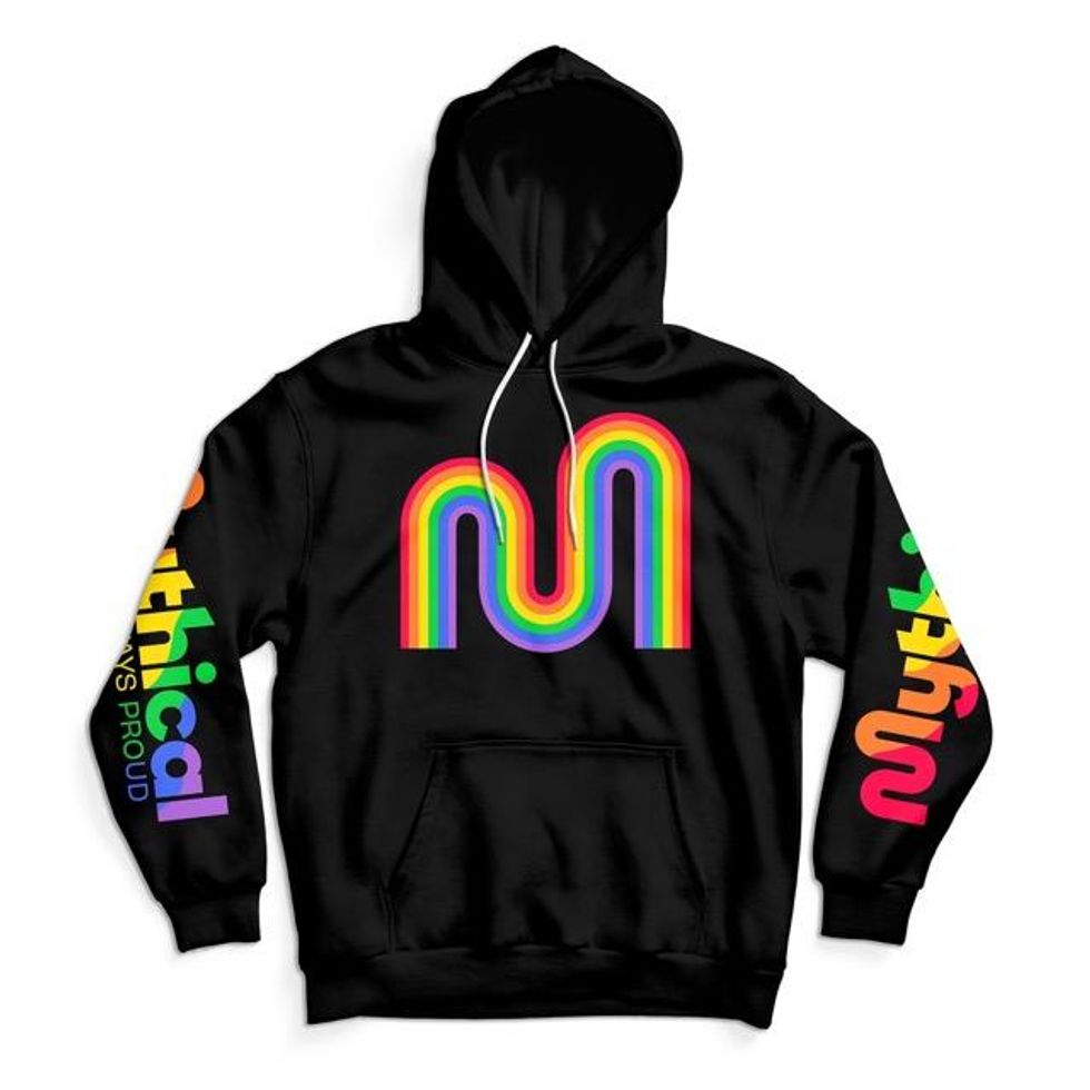 Black oversized hoodie with rainbow swirl pattern on the arms and front, with the text Mythical in rainbow on the chest