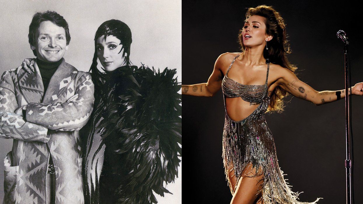 bob mackie with cher alongside miley cyrus in a bob mackie dress