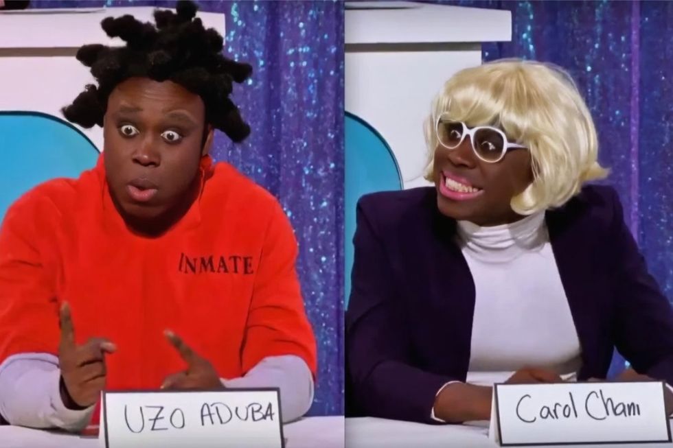 Bob the Drag Queen as Uzo Aduba and Carol Channing in the Snatch Game of RuPaul's Drag Race season 8