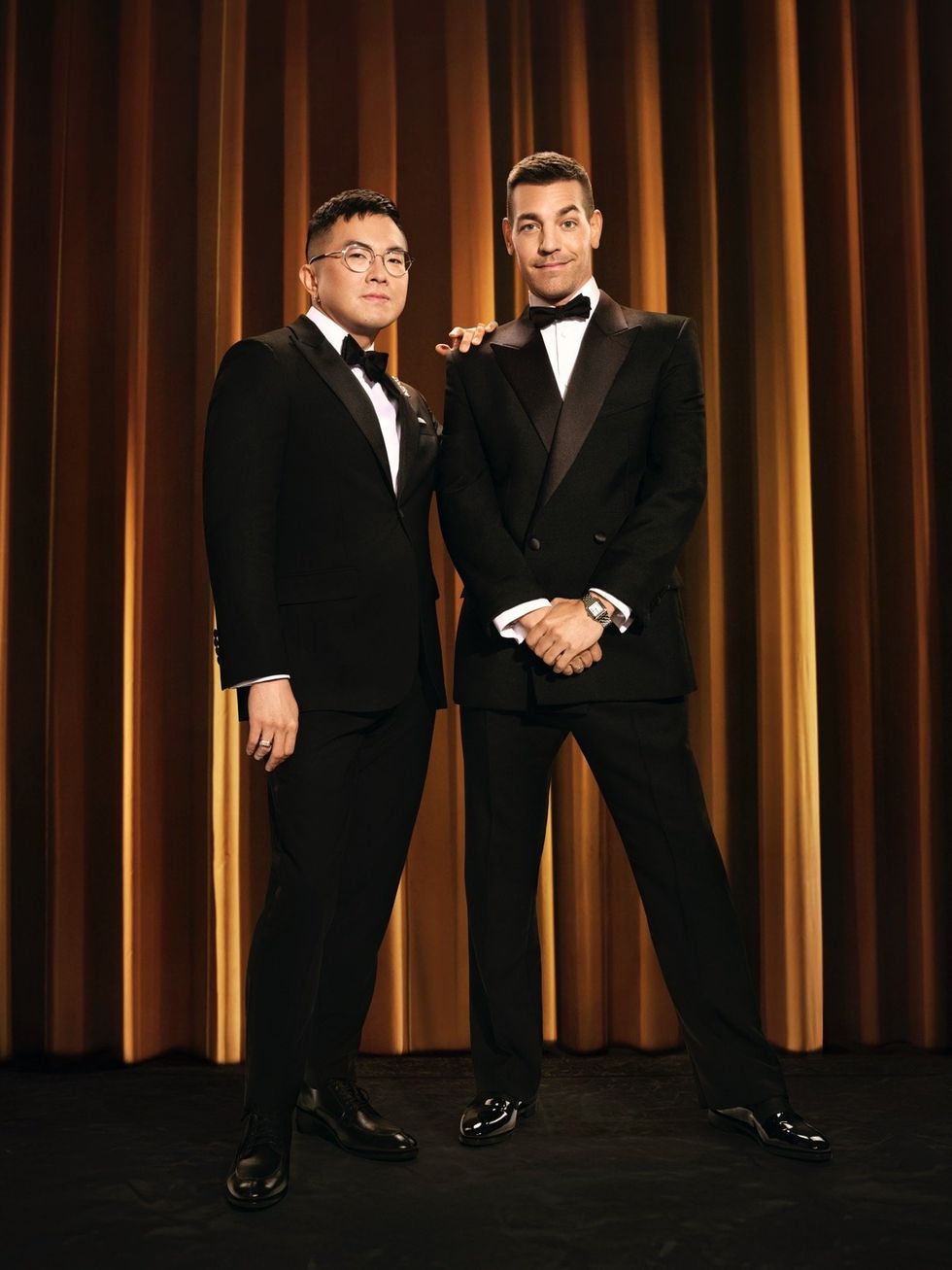 Bowen Yang and \u200bMatt Rogers in a promotional image for the 2025 Las Culturistas Culture Awards