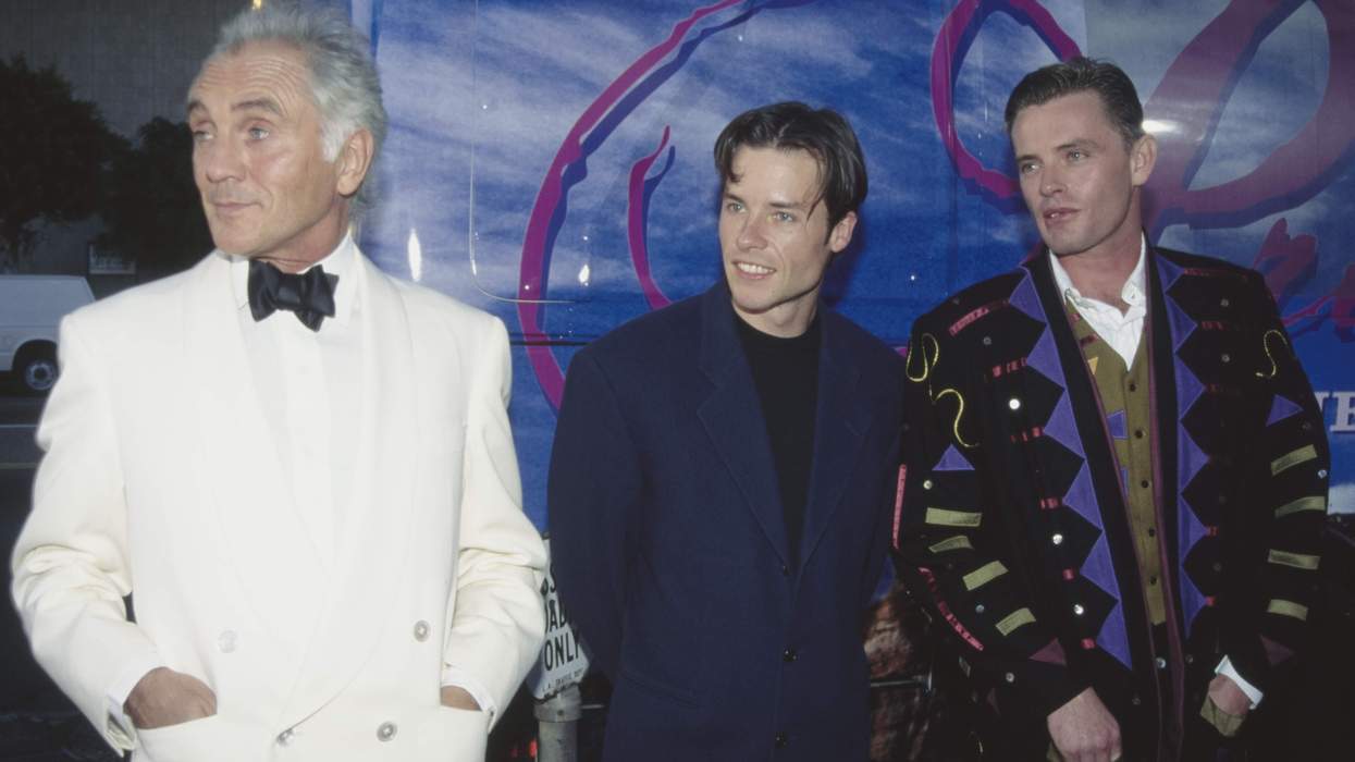 British actor Terence Stamp, Australian actor Guy Pearce, and Australian film director Stephan Elliott attend the Hollywood premiere of 'The Adventures of Priscilla, Queen of the Desert.'