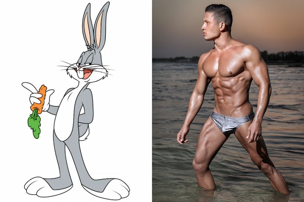 Bugs Bunny next to Man in Silver Gray Speedo
