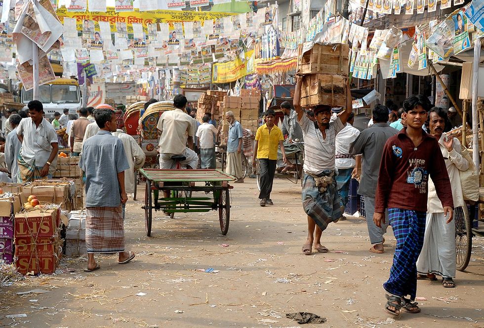 busy street in the district of Sadarghat in Dhaka, Bangladesh