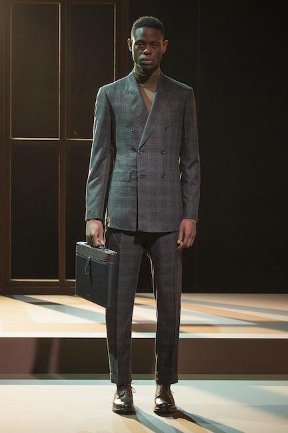 Cardigan, $1,180, and Shirt, $260 (3 pack), by Prada; Pants, $950, by Bottega Veneta.