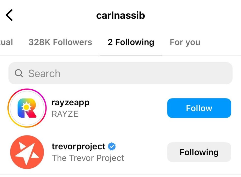 Carl Nassib's following list on Instagram