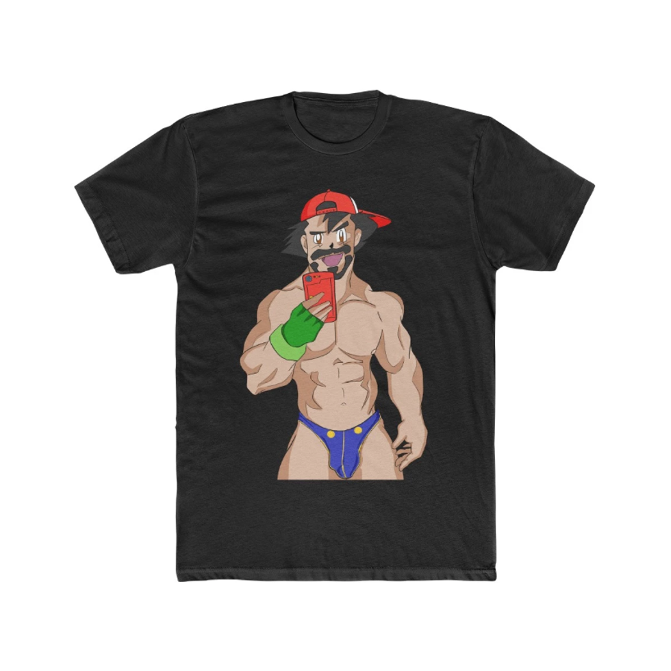 Cartoon Ash Ketchum in a jockstrap with a beard.