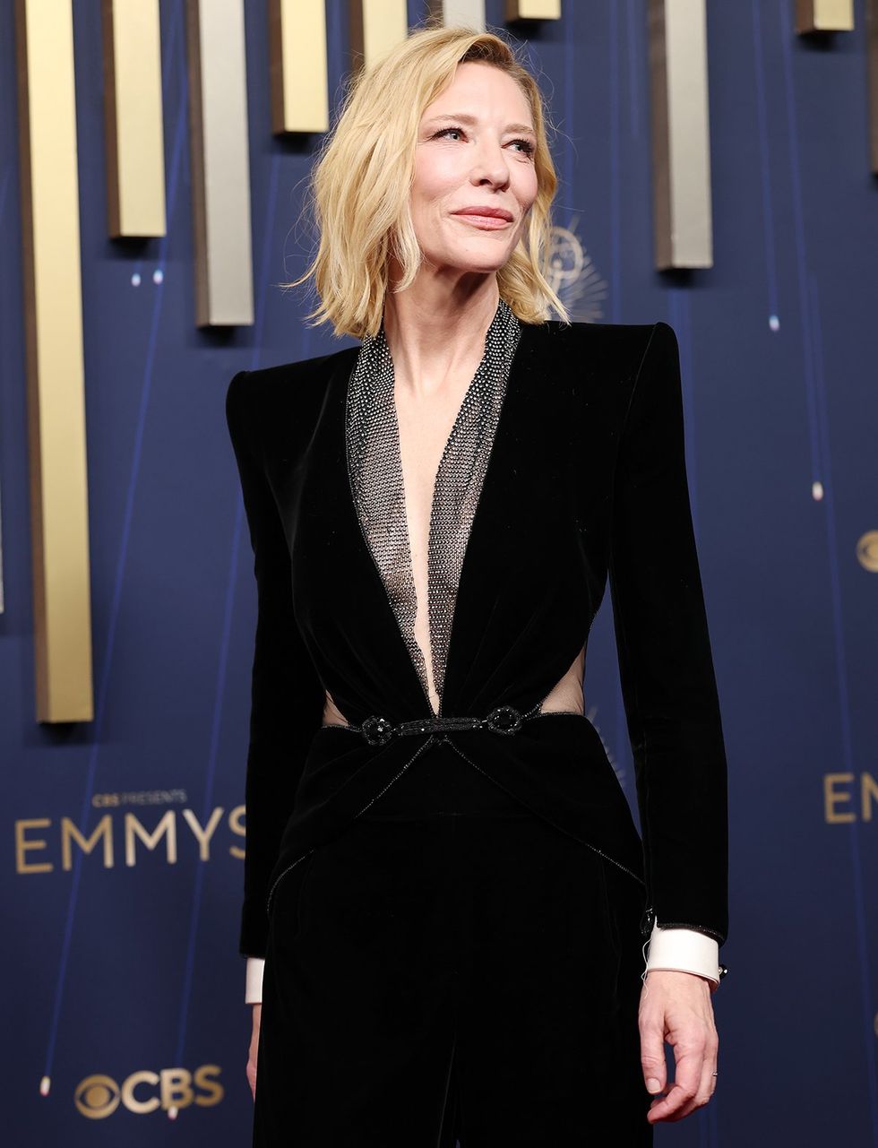 Cate Blanchett on the 2025 Emmys red carpet in Armani