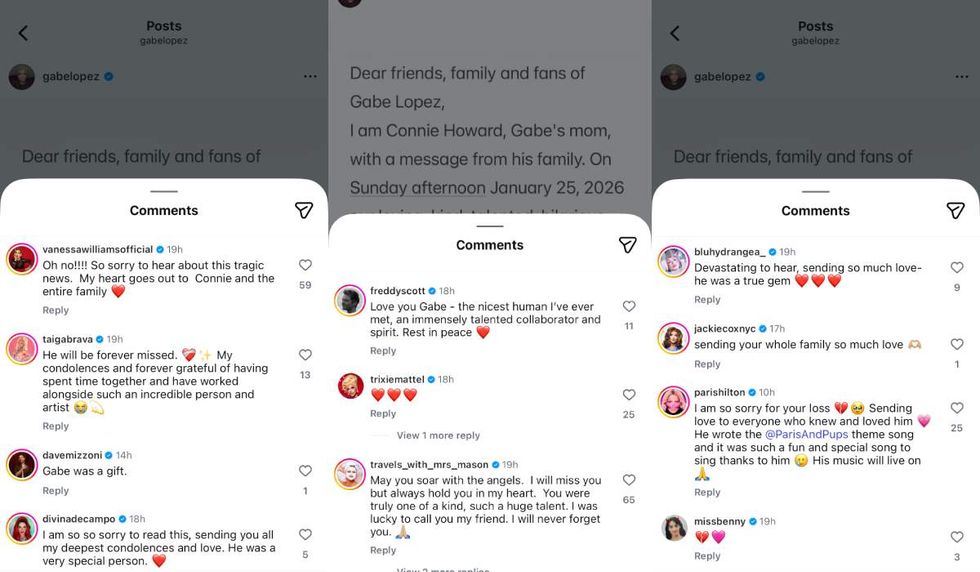 Celebrities react to Gabe Lopez's passing by sharing comments under a post by World of Wonder on Instagram