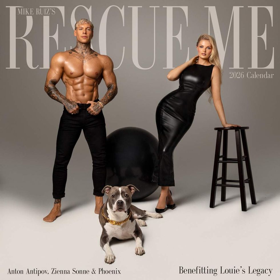 Celebrity photographer Mike Ruiz Rescue Me 2026 calendar benefitting Louies Legacy Animal Rescue featuring Anton Antipov Zienna Sonne dog Phoenix