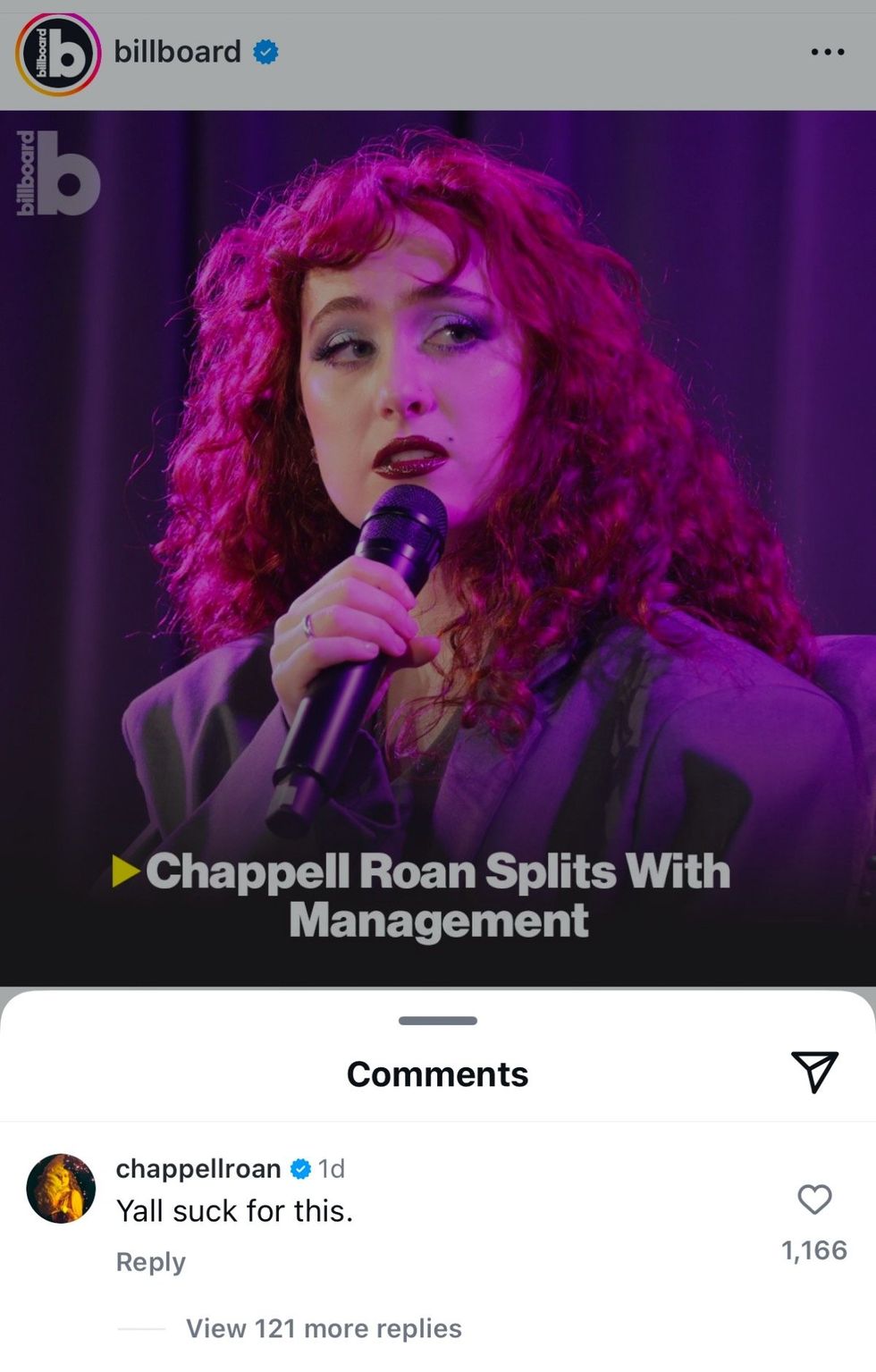 Chappell Roan comments on Instagram post from Billboard