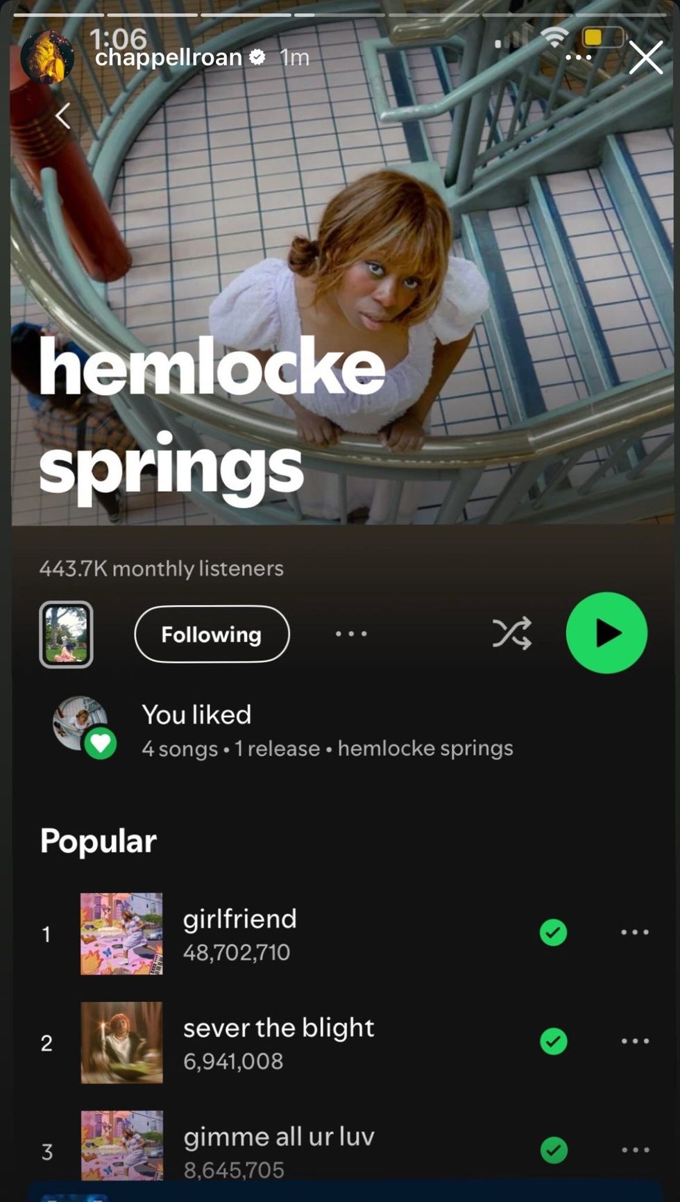 Chappell Roan via Instagram story