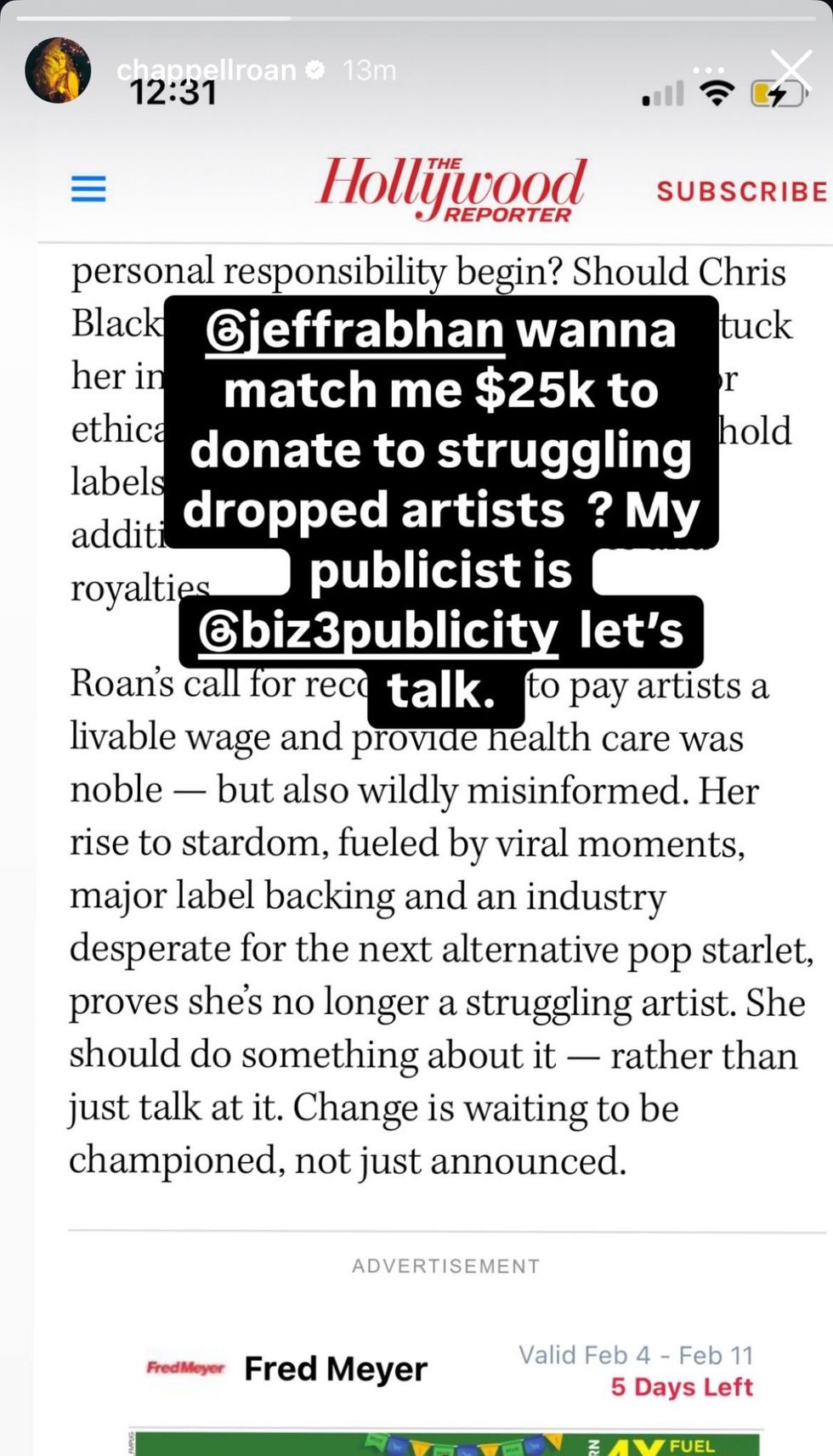 Chappell Roan via Instagram story