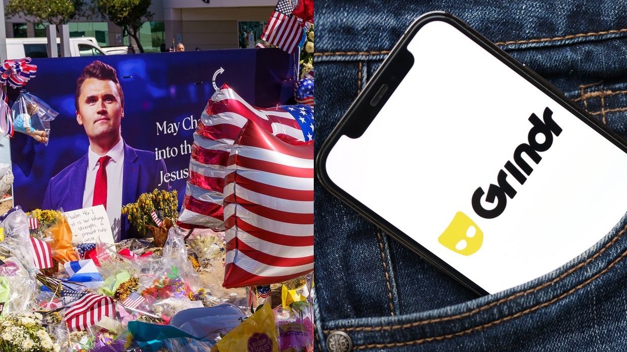 Charlie Kirk memorial; Grindr app on a phone