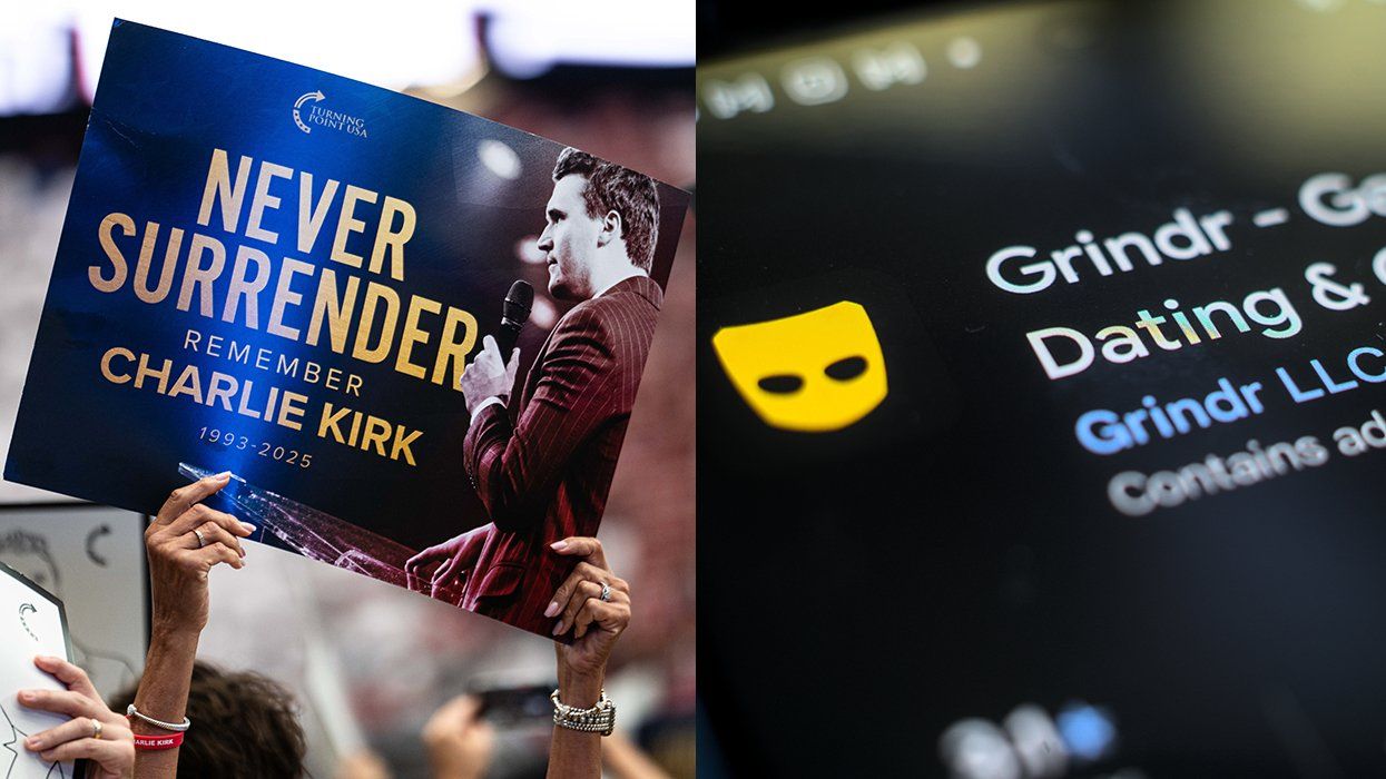 Charlie Kirk memorial poster at a rally in Arizona and the Grindr app download screen on a cellphone