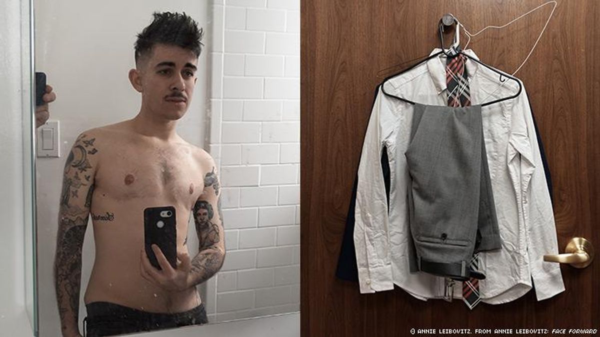Chase Strangio shot shirtless in a diptych with his suit on a hanger.