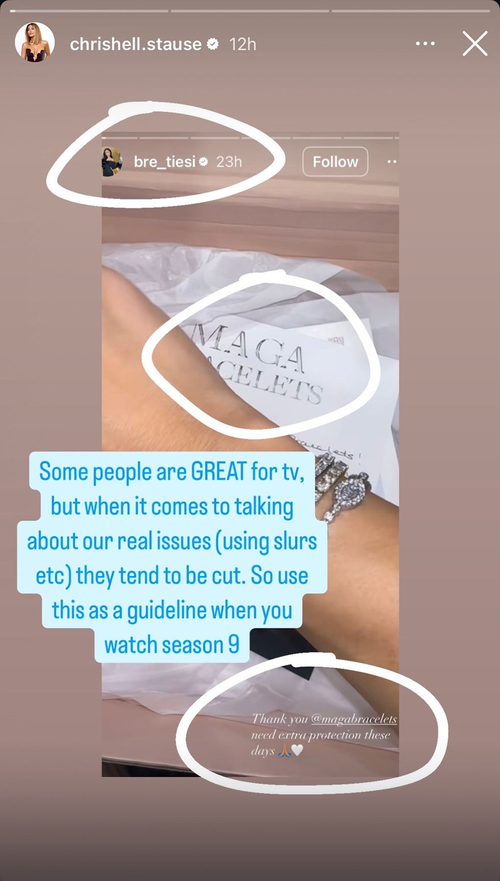 Chrishell Stause instagram story obtained by equalpride regarding Bre Tiesi drama