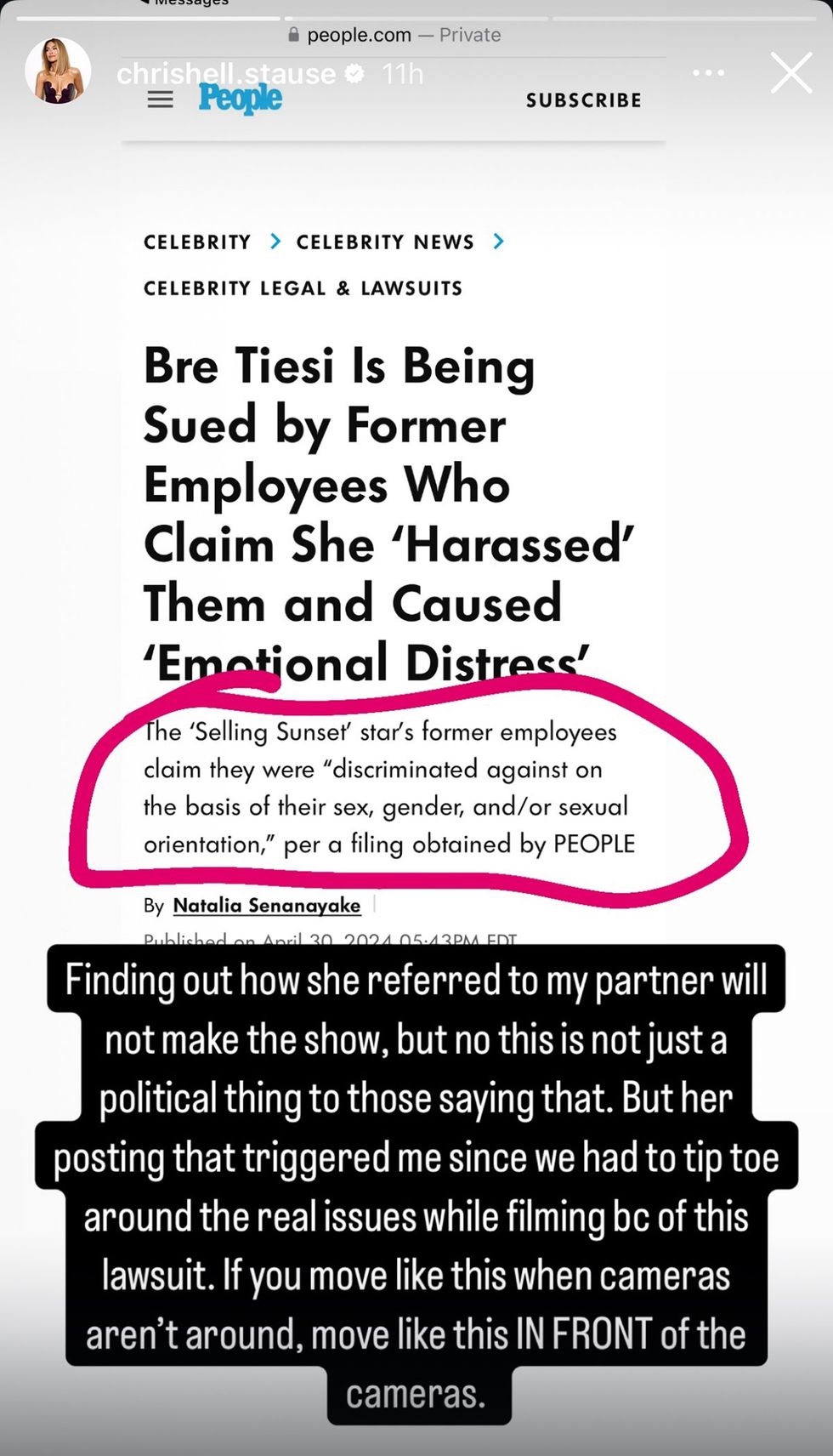 Chrishell Stause instagram story obtained by equalpride regarding Bre Tiesi drama