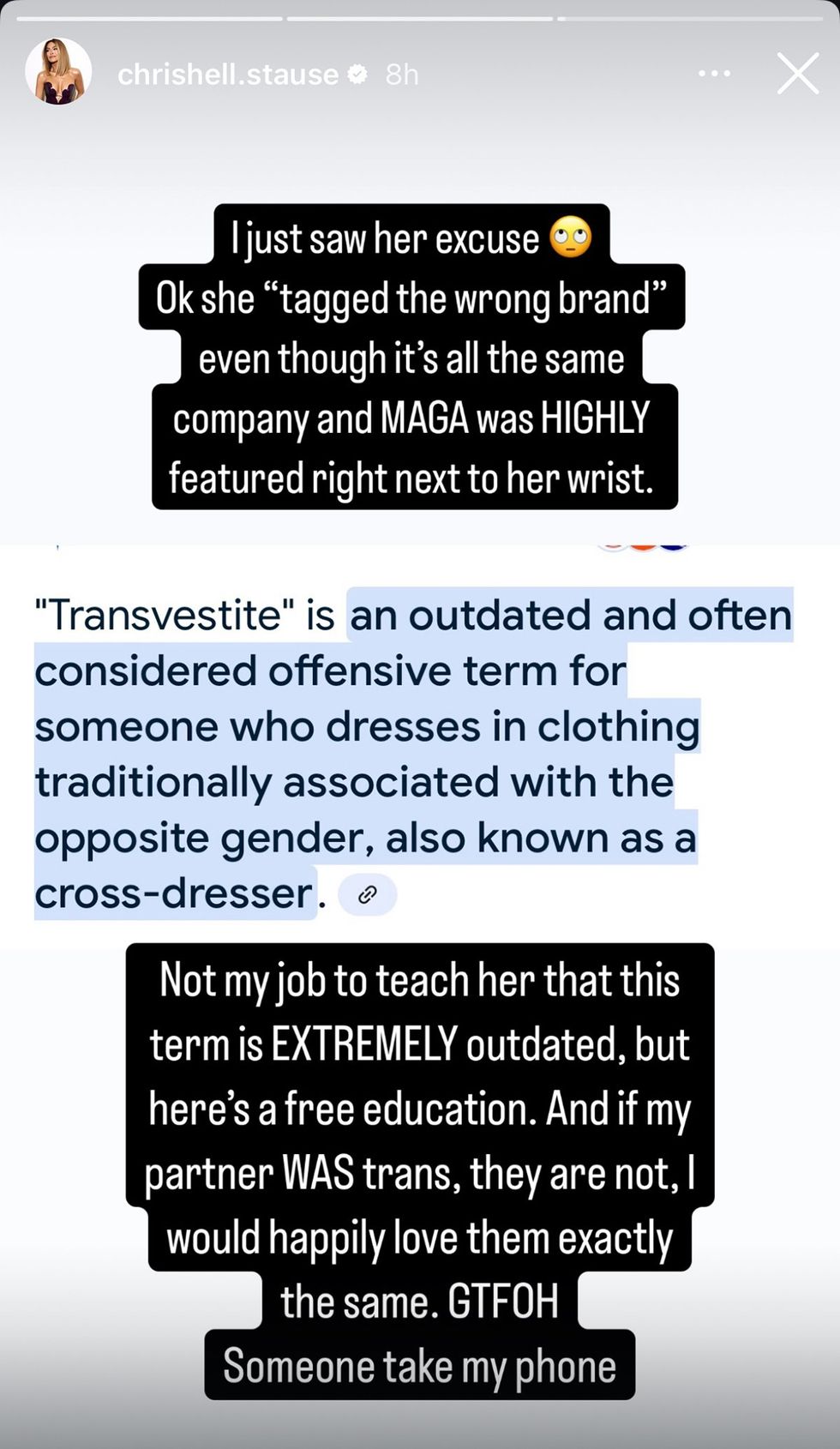 Chrishell Stause instagram story obtained by equalpride regarding Bre Tiesi drama