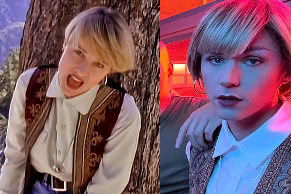 Chynna Phillips in the music video for Hold On by Wilson Phillips; Miles Heizer dressed as Chynna Phillips on set while filming Boots