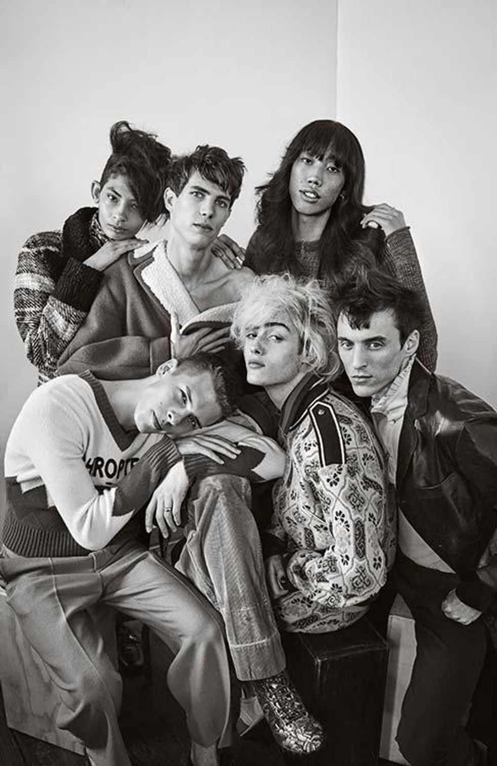 Clockwise from top left: Somalia Knight, Marc Sebastian Faiella, Dominique Castelano, Thomas Gibbons, Casil McArthur and August Gonet All clothing by Gucci.